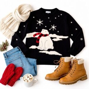 Timberlea Polar Bear Snowflake Sweater Black Red Scarf Vintage XL in GUC